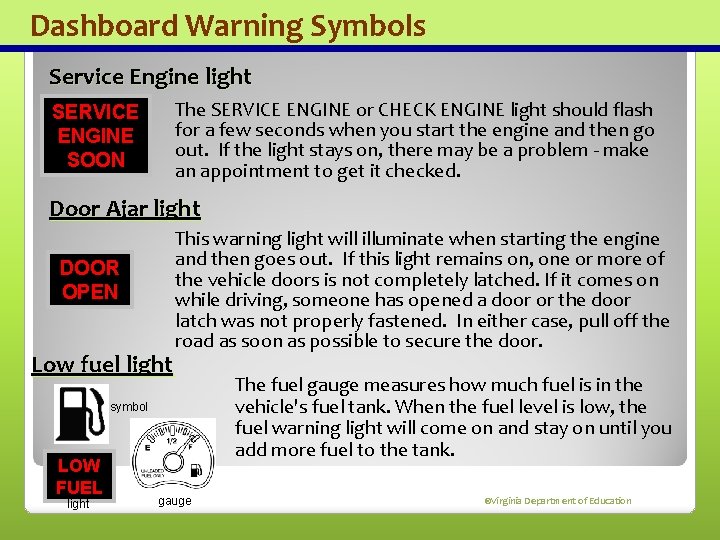 Dashboard Warning Symbols Service Engine light The SERVICE ENGINE or CHECK ENGINE light should