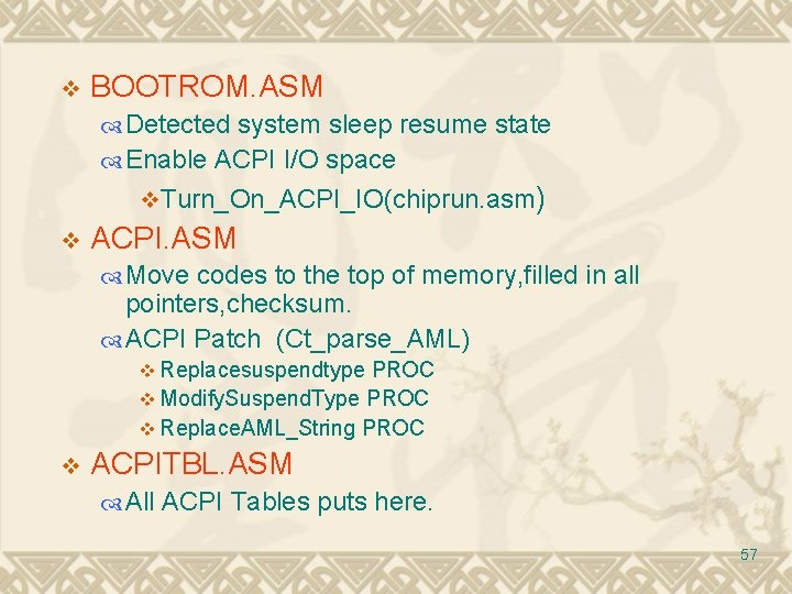 v BOOTROM. ASM Detected system sleep resume state Enable ACPI I/O space v. Turn_On_ACPI_IO(chiprun.