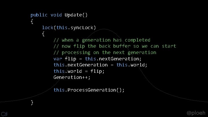 public void Update() { lock(this. sync. Lock) { // when a generation has completed public void Update() { lock(this. sync. Lock) { // when a generation has completed
