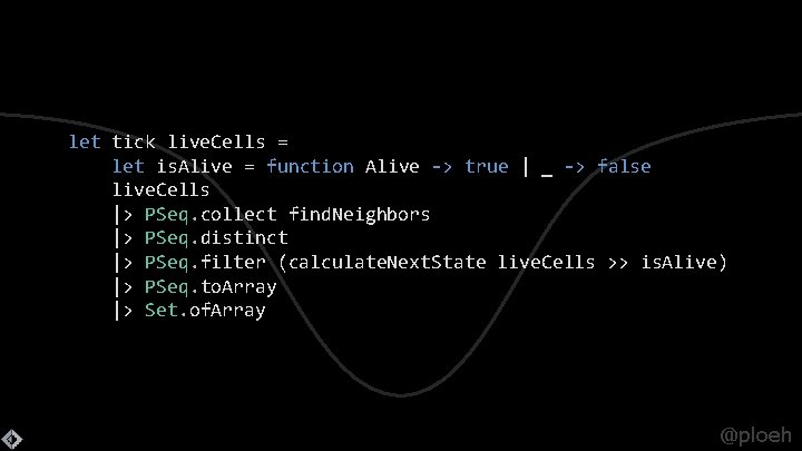 let tick live. Cells = let is. Alive = function Alive -> true |