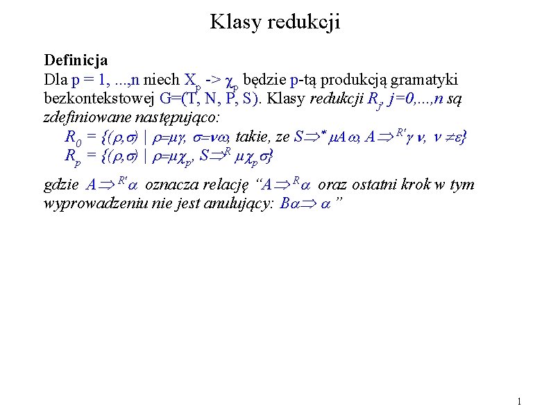 Klasy redukcji Definicja Dla p = 1, . . . , n niech Xp Klasy redukcji Definicja Dla p = 1, . . . , n niech Xp