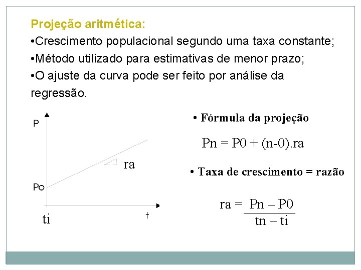 Projeção aritmética: • Crescimento populacional segundo uma taxa constante; • Método utilizado para estimativas