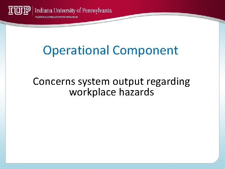 PA/OSHA CONSULTATION PROGRAM Operational Component Concerns system output regarding workplace hazards 