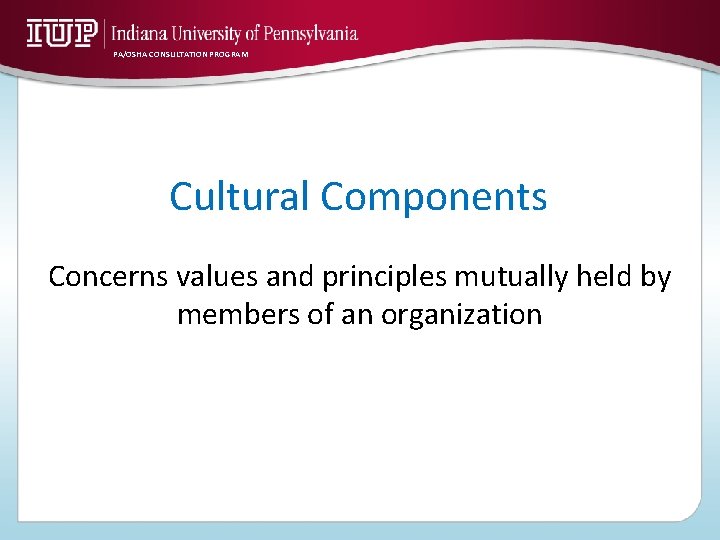 PA/OSHA CONSULTATION PROGRAM Cultural Components Concerns values and principles mutually held by members of