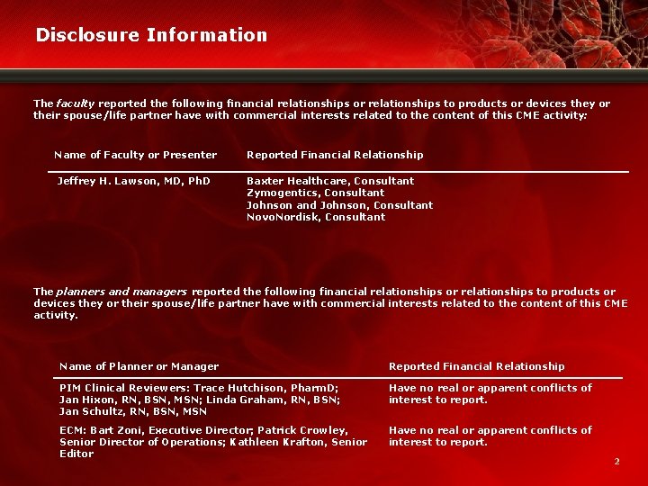 Disclosure Information The faculty reported the following financial relationships or relationships to products or