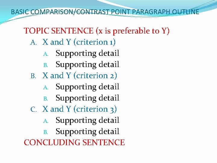 BASIC COMPARISON/CONTRAST POINT PARAGRAPH OUTLINE TOPIC SENTENCE (x is preferable to Y) A. X