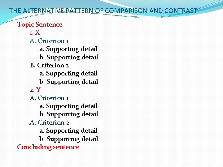 THE ALTERNATIVE PATTERN OF COMPARISON AND CONTRAST Topic Sentence 1. X A. Criterion 1