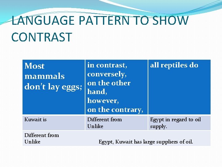 LANGUAGE PATTERN TO SHOW CONTRAST in contrast, Most conversely, mammals on the other don’t