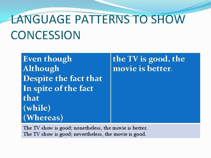 LANGUAGE PATTERNS TO SHOW CONCESSION Even though Although Despite the fact that In spite