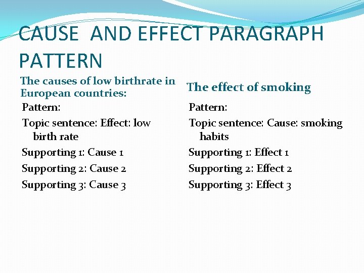 CAUSE AND EFFECT PARAGRAPH PATTERN The causes of low birthrate in The effect of