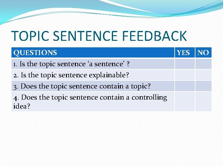 TOPIC SENTENCE FEEDBACK QUESTIONS 1. Is the topic sentence ‘a sentence’ ? 2. Is