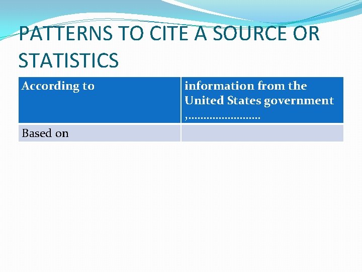 PATTERNS TO CITE A SOURCE OR STATISTICS According to Based on information from the
