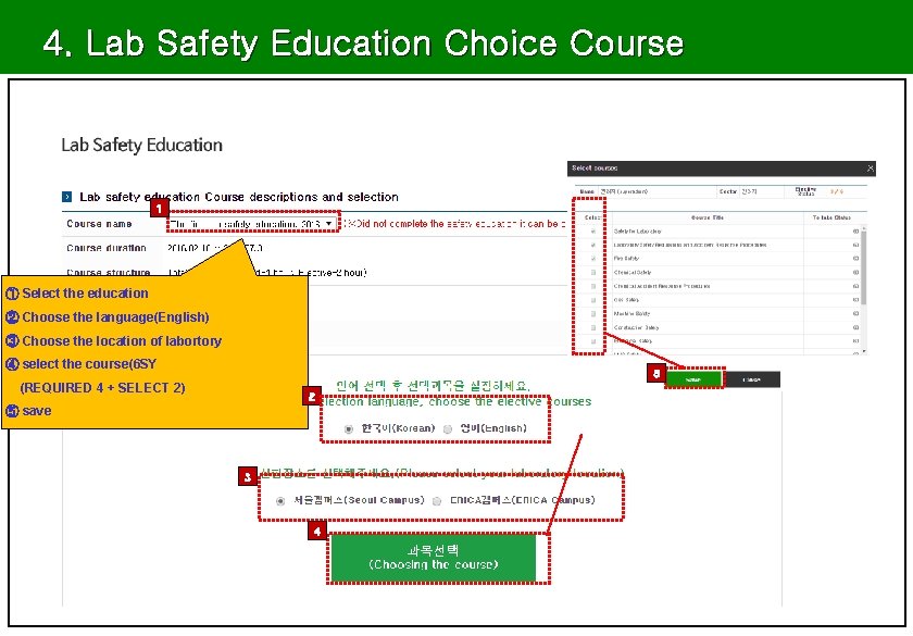 4. Lab Safety Education Choice Course 1 ① Select the education ② Choose the