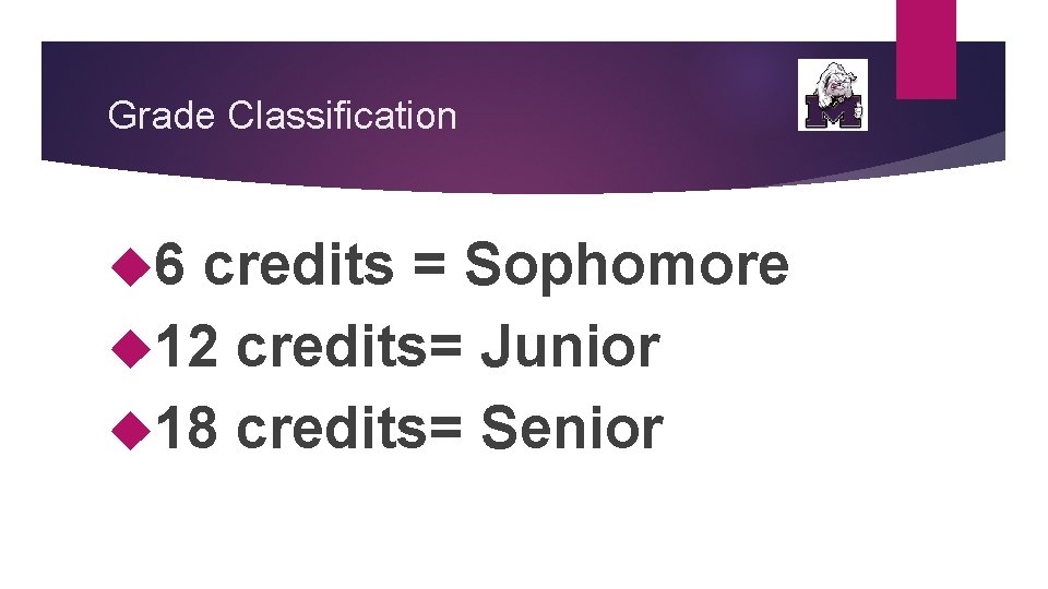 Grade Classification 6 credits = Sophomore 12 credits= Junior 18 credits= Senior 