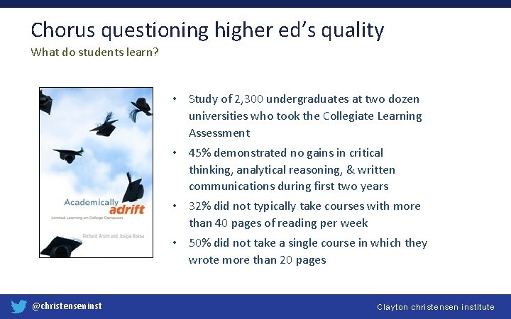 Chorus questioning higher ed’s quality What do students learn? • Study of 2, 300
