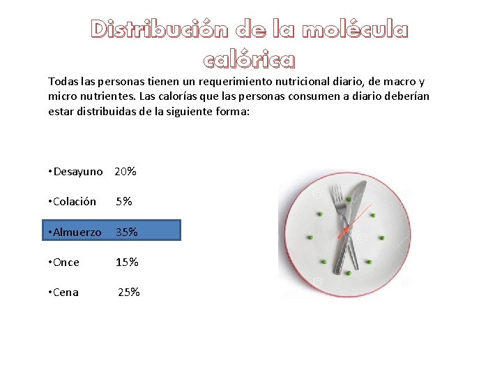 Distribución de la molécula calórica Todas las personas tienen un requerimiento nutricional diario, de