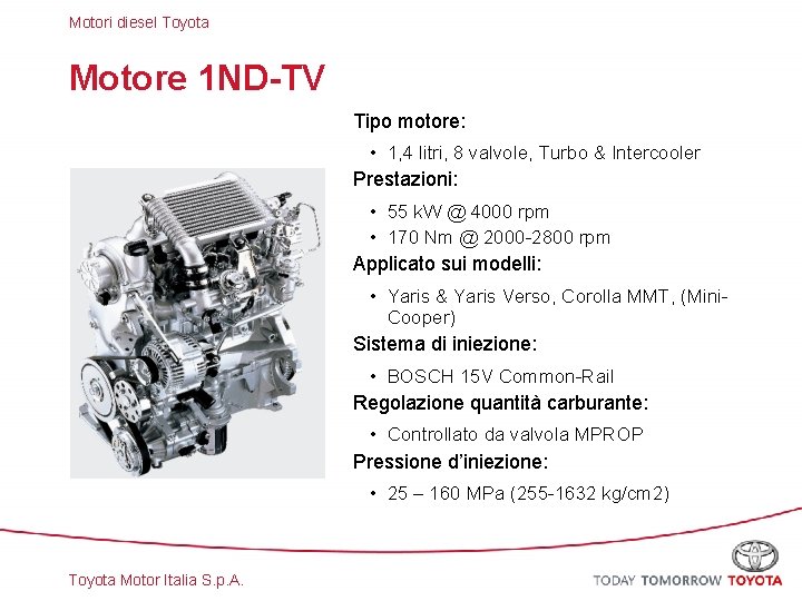 Motori diesel Toyota Motore 1 ND-TV Tipo motore: • 1, 4 litri, 8 valvole,