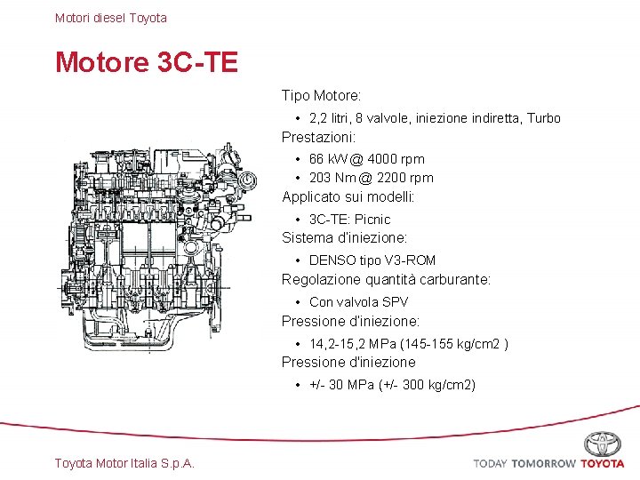 Motori diesel Toyota Motore 3 C-TE Tipo Motore: • 2, 2 litri, 8 valvole,