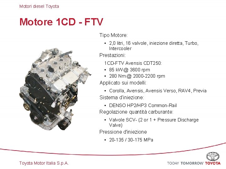 Motori diesel Toyota Motore 1 CD - FTV Tipo Motore: • 2, 0 litri,