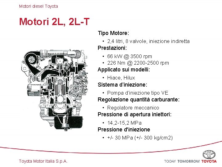 Motori diesel Toyota Motori 2 L, 2 L-T Tipo Motore: • 2, 4 litri,