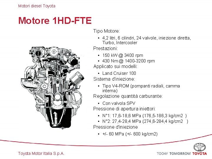 Motori diesel Toyota Motore 1 HD-FTE Tipo Motore: • 4, 2 litri, 6 cilindri,