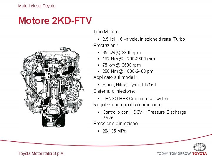 Motori diesel Toyota Motore 2 KD-FTV Tipo Motore: • 2, 5 litri, 16 valvole,