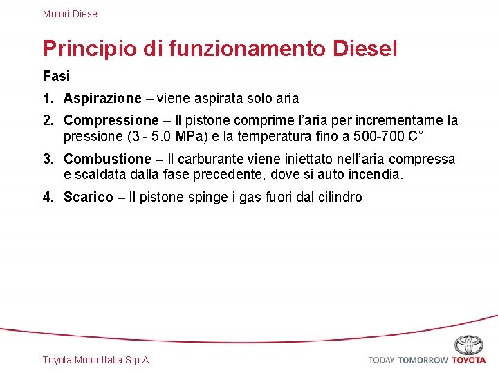 Motori Diesel Principio di funzionamento Diesel Fasi 1. Aspirazione – viene aspirata solo aria