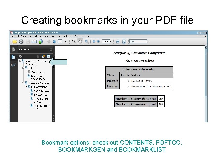 Creating bookmarks in your PDF file Bookmark options: check out CONTENTS, PDFTOC, BOOKMARKGEN and