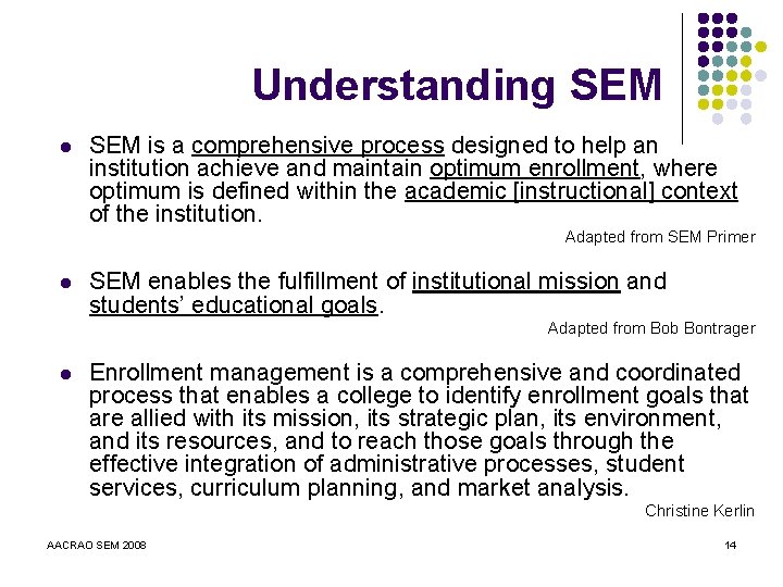 Understanding SEM l SEM is a comprehensive process designed to help an institution achieve