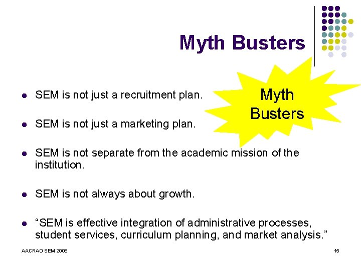 Myth Busters l SEM is not just a recruitment plan. l SEM is not