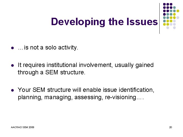 Developing the Issues l …is not a solo activity. l It requires institutional involvement,