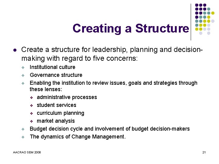 Creating a Structure l Create a structure for leadership, planning and decisionmaking with regard