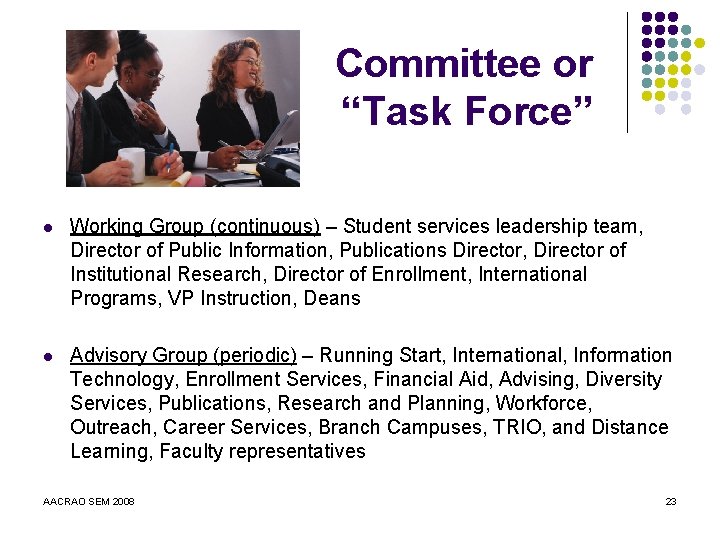 Committee or “Task Force” l Working Group (continuous) – Student services leadership team, Director