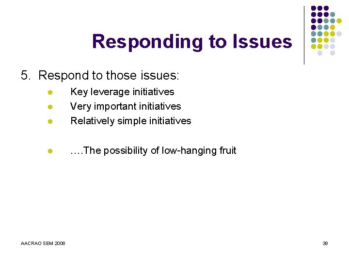Responding to Issues 5. Respond to those issues: l Key leverage initiatives Very important