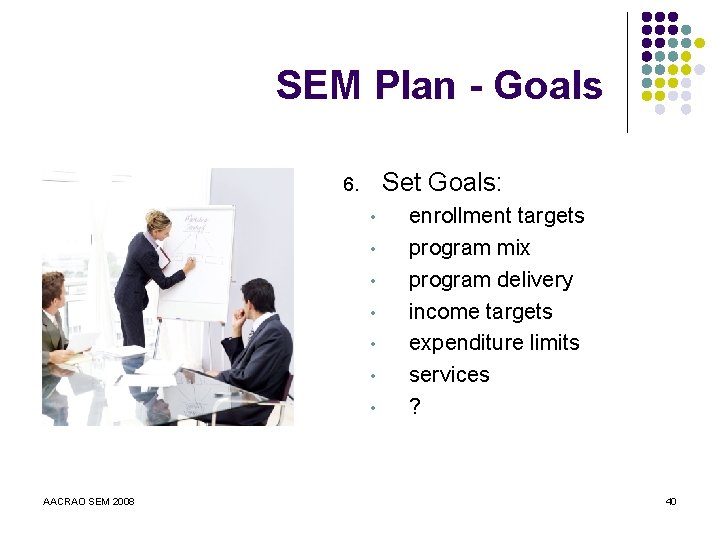 SEM Plan - Goals Set Goals: 6. • • AACRAO SEM 2008 enrollment targets