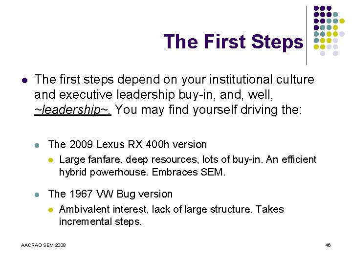 The First Steps l The first steps depend on your institutional culture and executive