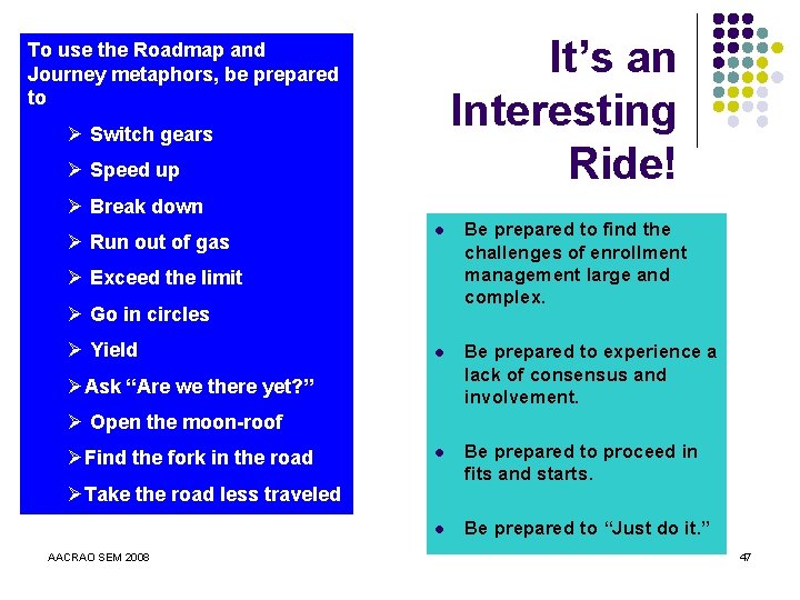 It’s an Interesting Ride! To use the Roadmap and Journey metaphors, be prepared to