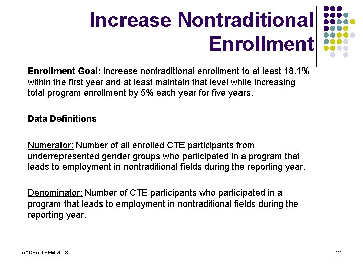 Increase Nontraditional Enrollment Goal: increase nontraditional enrollment to at least 18. 1% within the