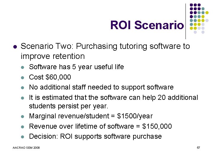 ROI Scenario l Scenario Two: Purchasing tutoring software to improve retention l l l