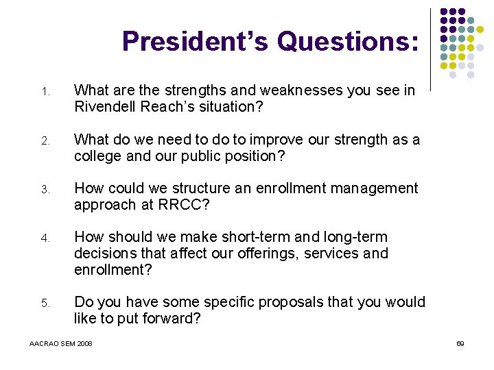 President’s Questions: 1. What are the strengths and weaknesses you see in Rivendell Reach’s