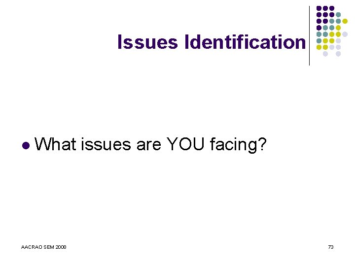 Issues Identification l What issues are YOU facing? AACRAO SEM 2008 73 