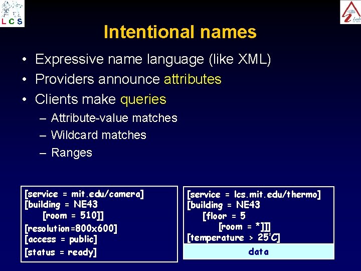 Intentional names • Expressive name language (like XML) • Providers announce attributes • Clients