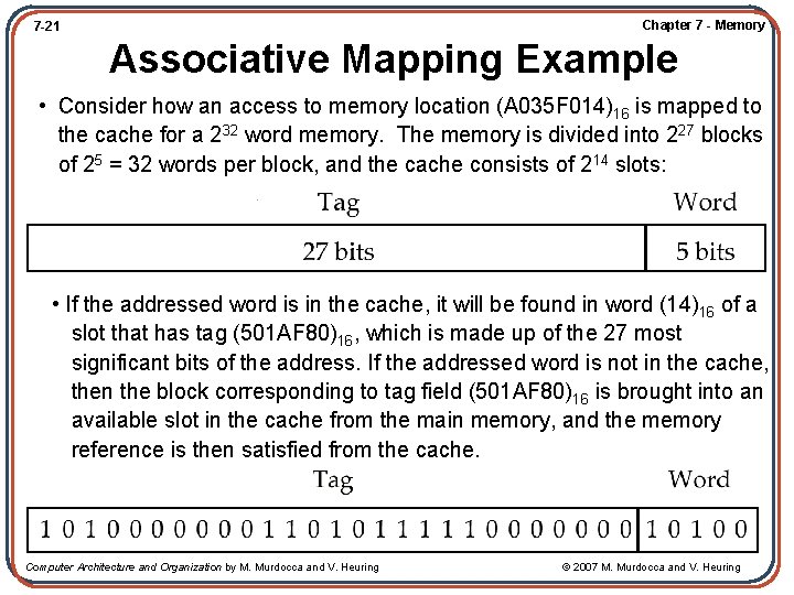 Chapter 7 - Memory 7 -21 Associative Mapping Example • Consider how an access