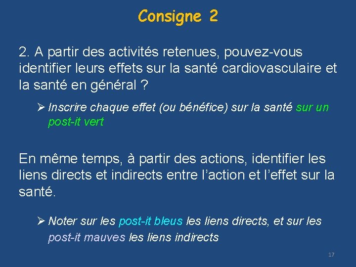 Consigne 2 2. A partir des activités retenues, pouvez-vous identifier leurs effets sur la