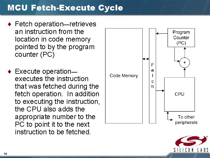 MCU Fetch-Execute Cycle ¨ Fetch operation—retrieves an instruction from the location in code memory