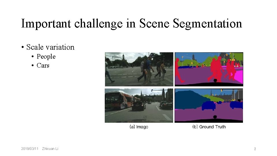 Important challenge in Scene Segmentation • Scale variation • People • Cars 2019/03/11 Zhixuan