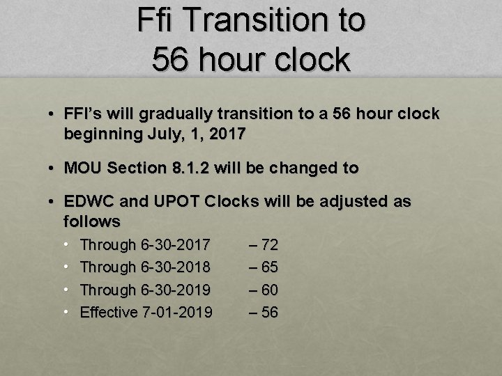 Ffi Transition to 56 hour clock • FFI’s will gradually transition to a 56