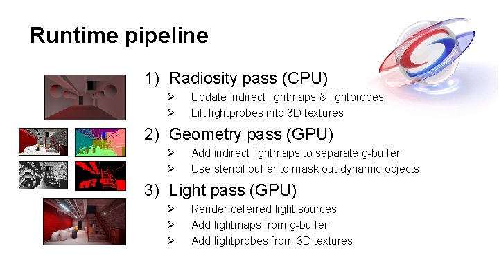 Runtime pipeline 1) Radiosity pass (CPU) Ø Ø Update indirect lightmaps & lightprobes Lift Runtime pipeline 1) Radiosity pass (CPU) Ø Ø Update indirect lightmaps & lightprobes Lift