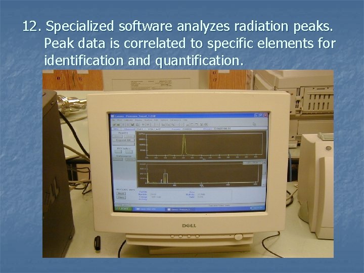 12. Specialized software analyzes radiation peaks. Peak data is correlated to specific elements for