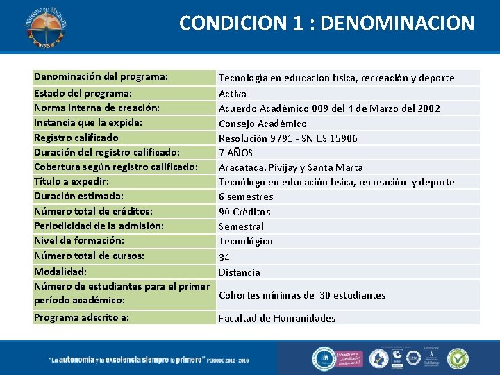 CONDICION 1 : DENOMINACION Denominación del programa: Tecnología en educación física, recreación y deporte